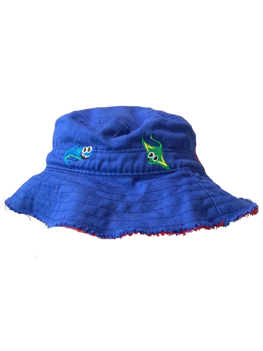 Kids Blue Reversible Bucket Hat with Embroidered Fish